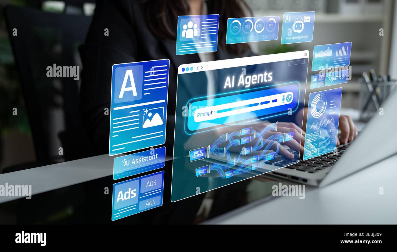 Advanced User Interface for AI Agents Demonstrating Interactive Digital Elements on Laptop, Showcasing Innovative Technology and Modern Work Stock Photo