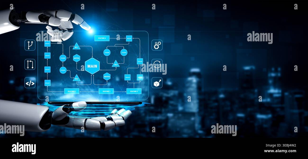 Futuristic Robot Hand Interacting with Digital Interface in High-Tech City Environment Featuring Flowcharts and Data Visualization Quark. Stock Photo