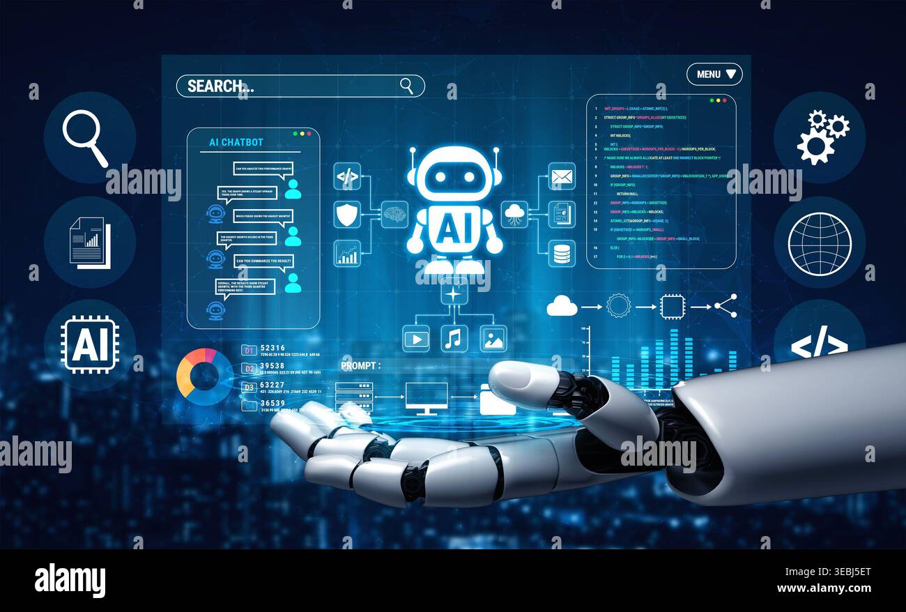 Futuristic Robot Hand Interacting with AI Interface Displaying Data Visualization and Chatbot Features in a Technology Environment Fluxor. Stock Photo
