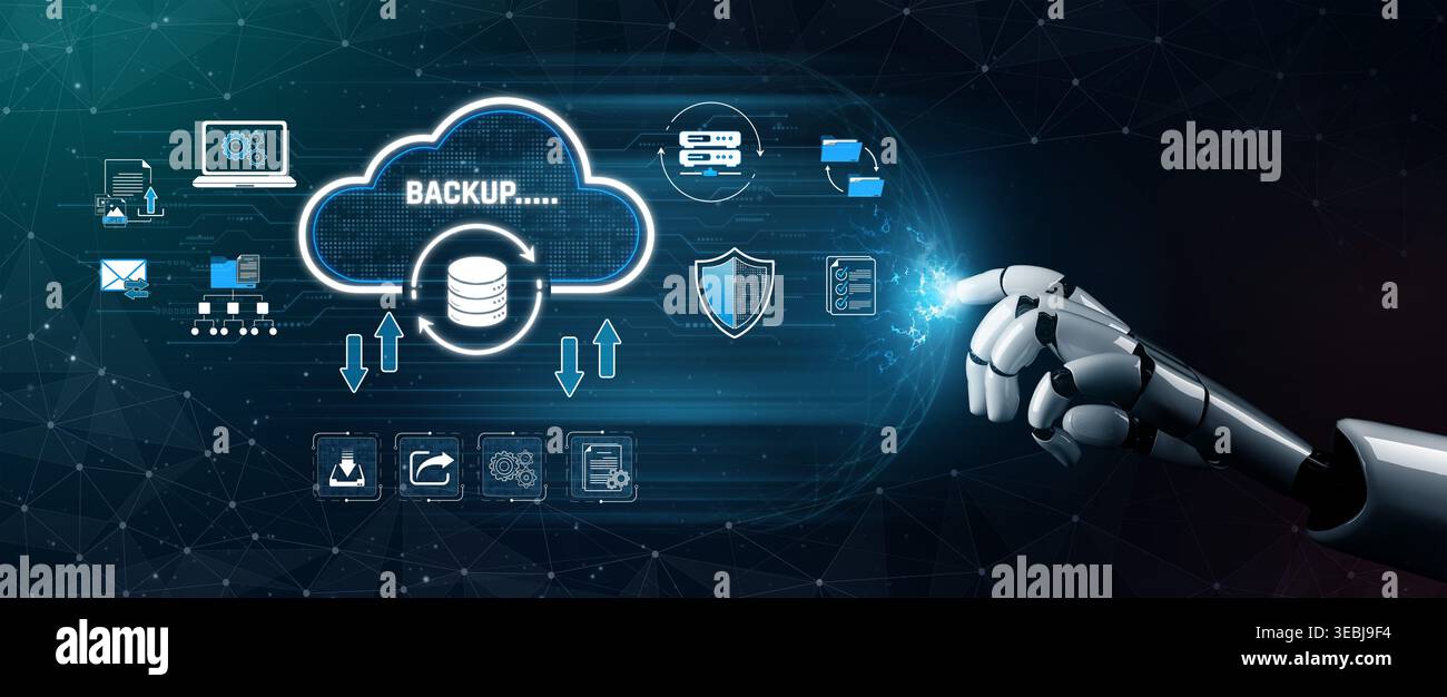 Futuristic Robot Hand Interacting with Cloud Storage Backup Technology and Network Connectivity Visuals Sigmoid Stock Photo