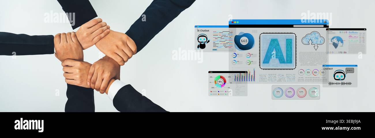 Collaboration and Teamwork Concept Featuring Diverse Hands Overlaid with Artificial Intelligence Visuals and Data Analysis Graphics Sigmoid Stock Photo