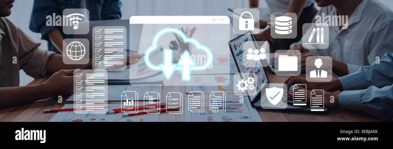 Cloud upload and download icon with surrounding data management, security, and analytics icons in digital interface Parse Stock Photo