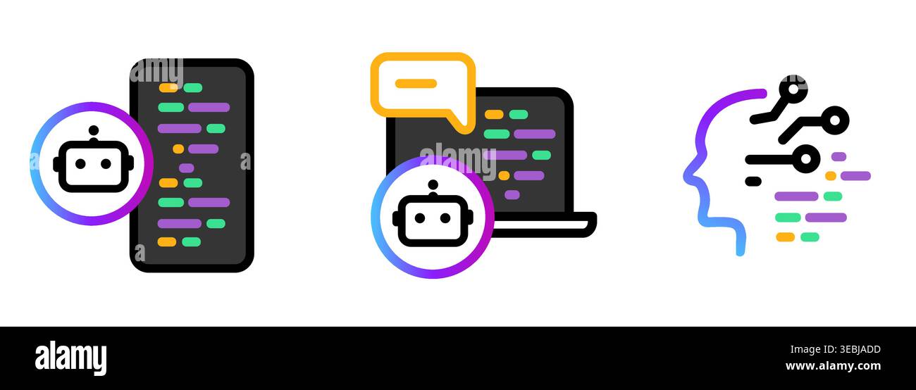 Set of flat icons for artificial intelligence programming and automated ...
