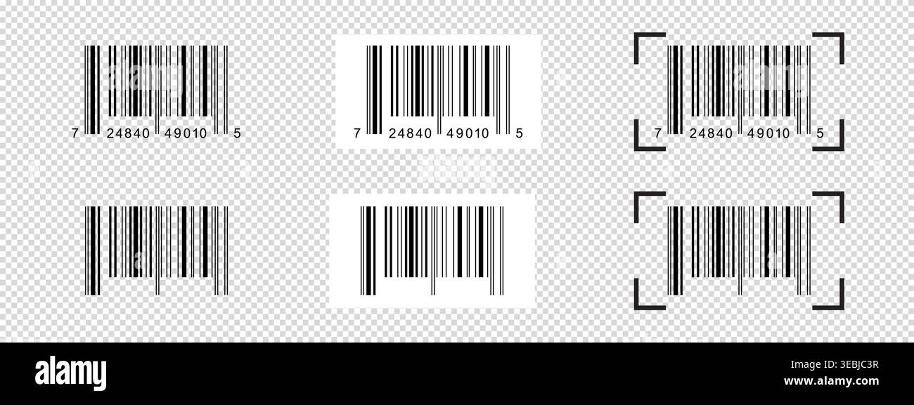 Collection of barcode stickers with scanning frames. Bar code examples isolated on transparent background. Visual data digital representation with Stock Vector
