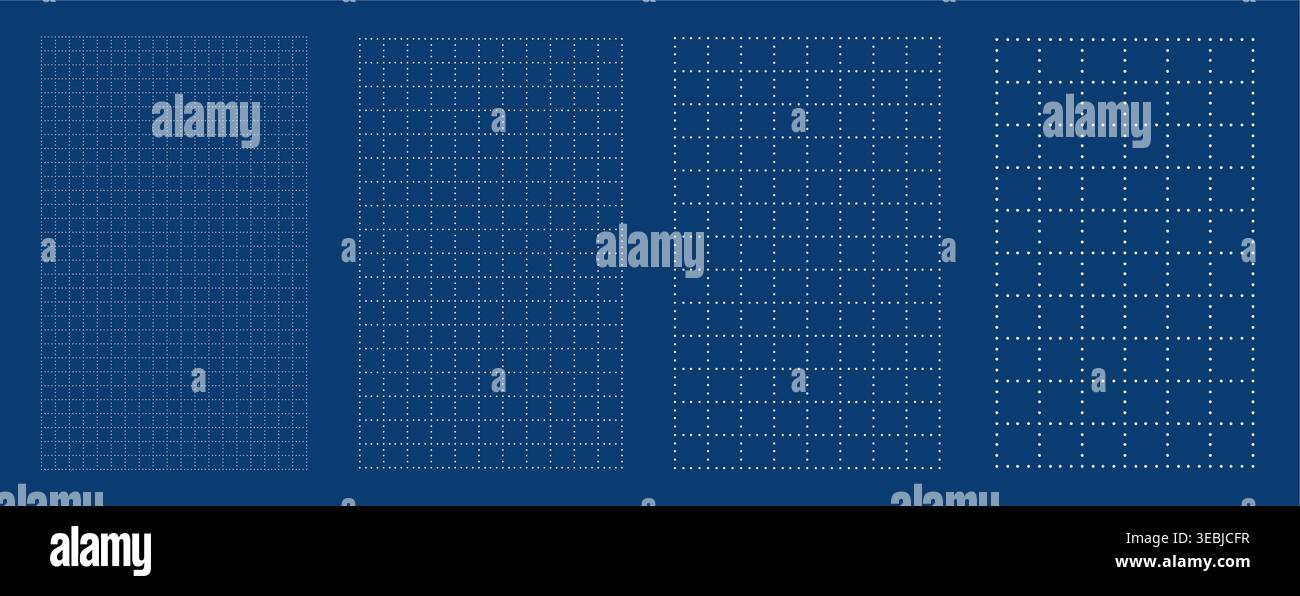Blueprint grid set dot lattice geometry, four scale variations. Wide medium dense micro spacing comparison, engineering layouts dashboards notebook pages interface planning systems technology graphics Stock Vector