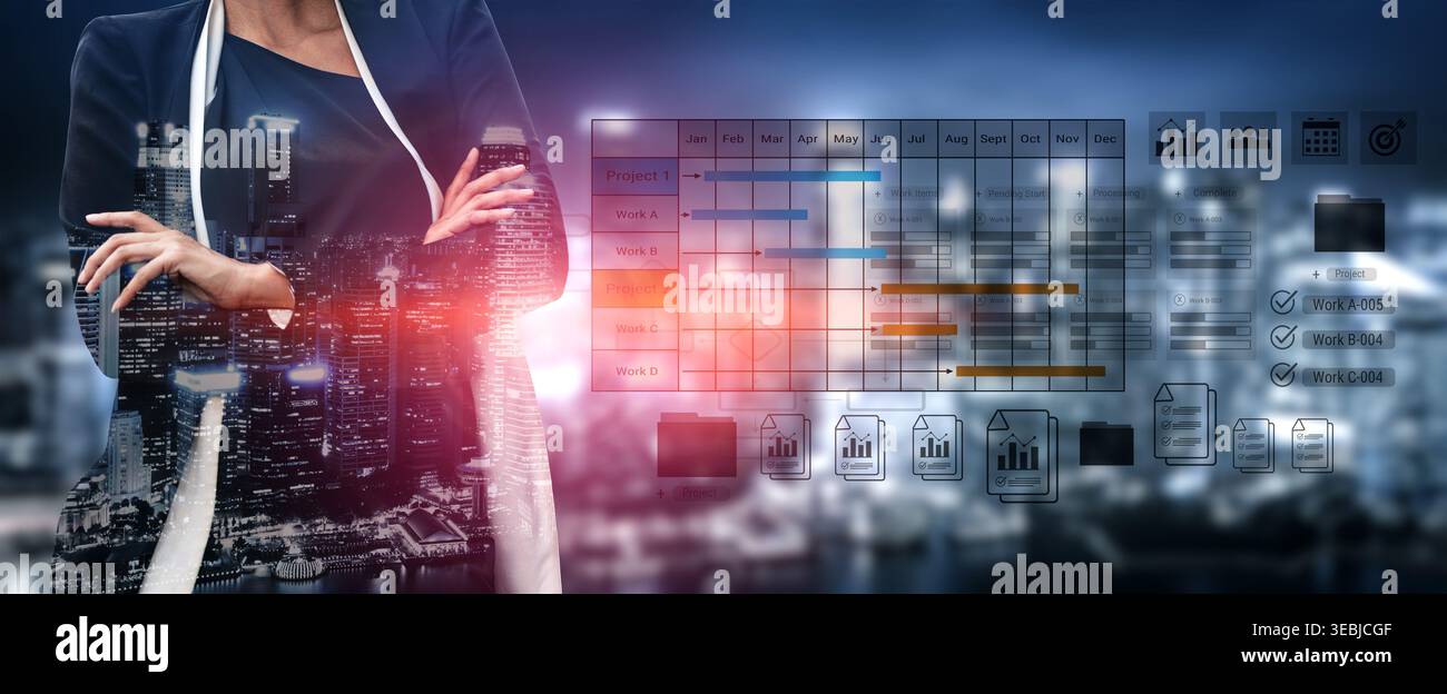 Digital visualization of multiple project timelines with progress tracking, documents, and team collaboration symbols Parse Stock Photo