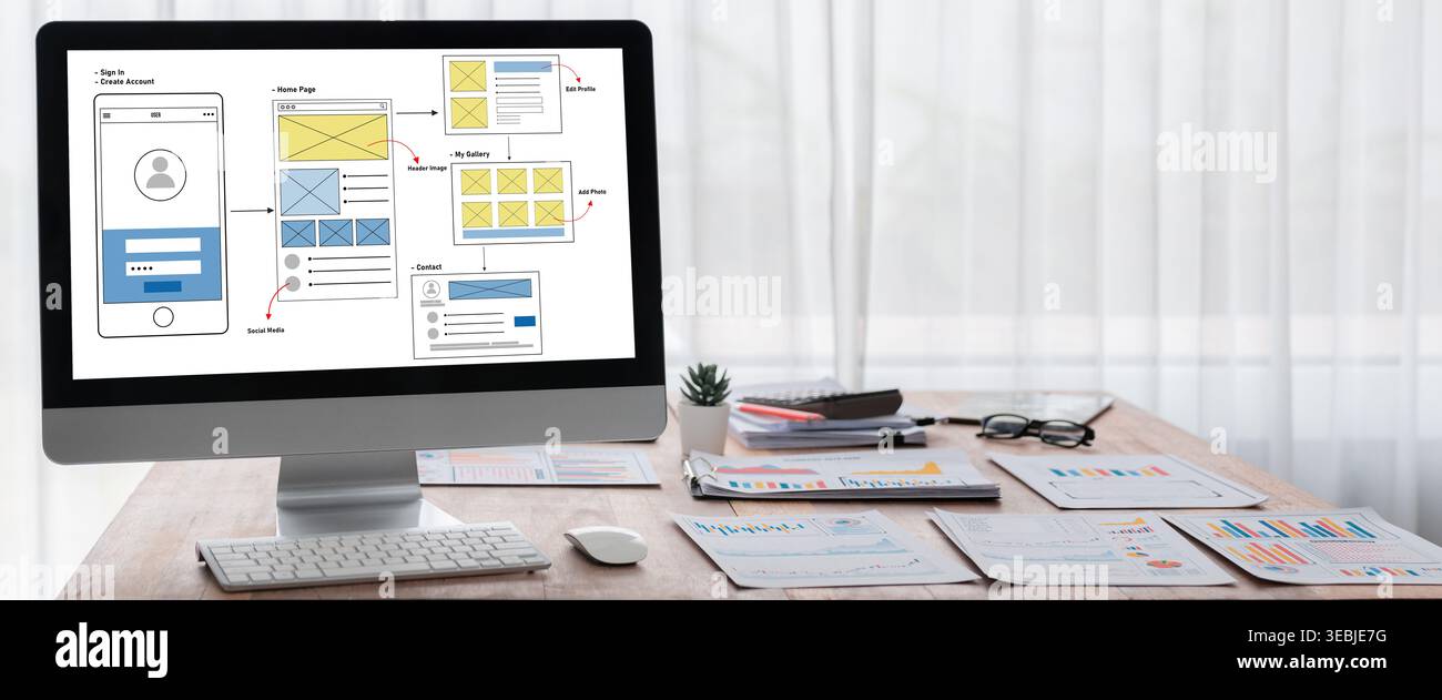 UX UI design process for brisk mobile application and website . Creative prototype of wireframe for professional app developer . Stock Photo