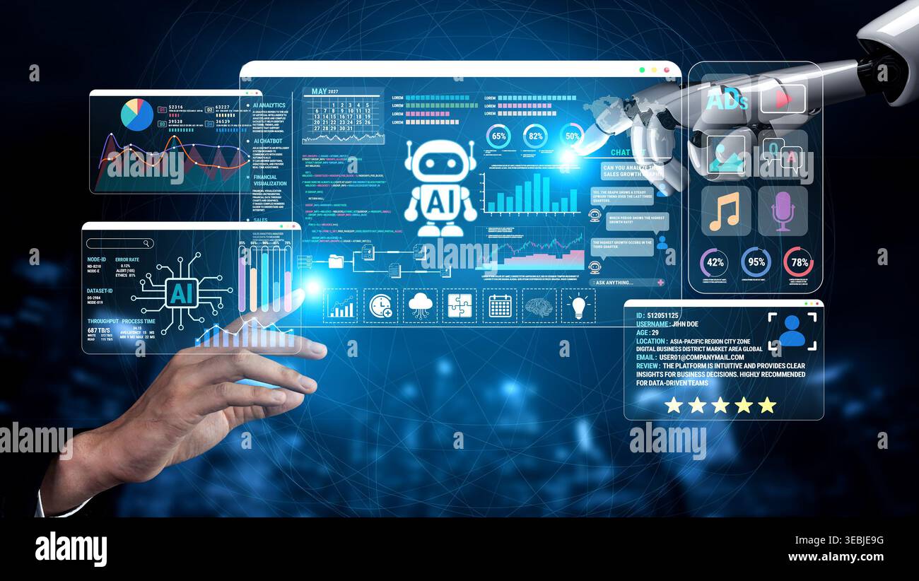 Modern Digital Technology Concept with Artificial Intelligence Interface and Data Visualization in Futuristic Environment Fluxor. Stock Photo