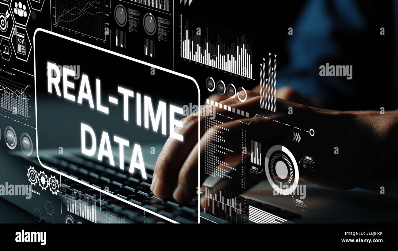 Real-Time Data Visualization and Analysis in Digital Technology Environment with Hands on Keyboard. Asymptotic smart data analytic. Stock Photo