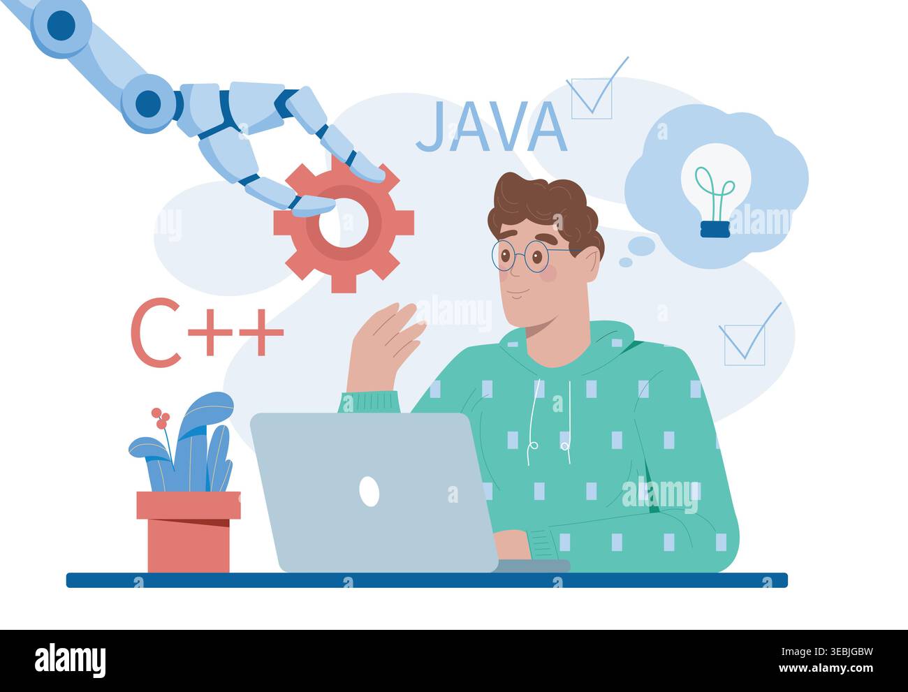 AI technologies help in work. Robotic hand and man work on common project. Artificial intelligence and machine learning. Workflow automation. Flat Stock Vector