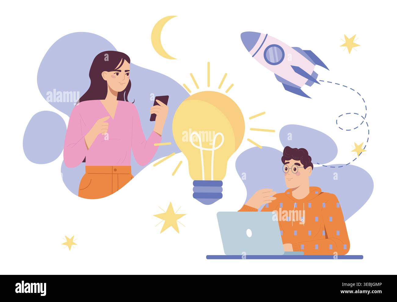 Team brainstorming concept. Man and woman near light bulb. People working on startup or business project. Collaboration and cooperation, partnership Stock Vector