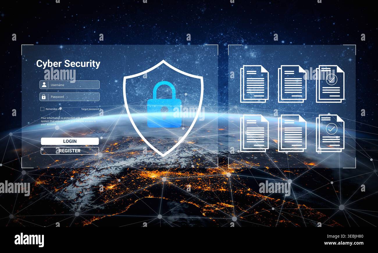 A digital illustration showcasing cybersecurity concepts with a shield icon, user interface elements, and glowing global connections representing Stock Photo