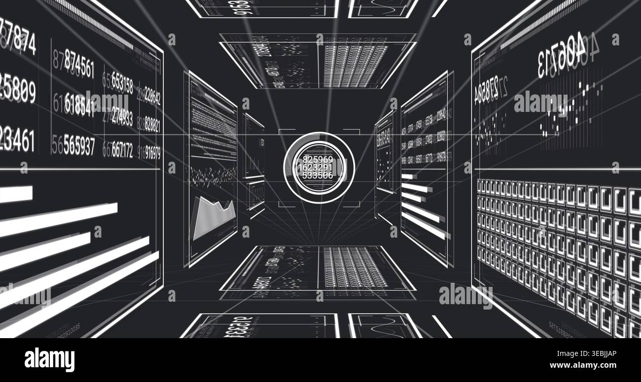 Glowing central circular HUD showing three stacked numeric readouts in virtual tunnel, with panels Stock Photo