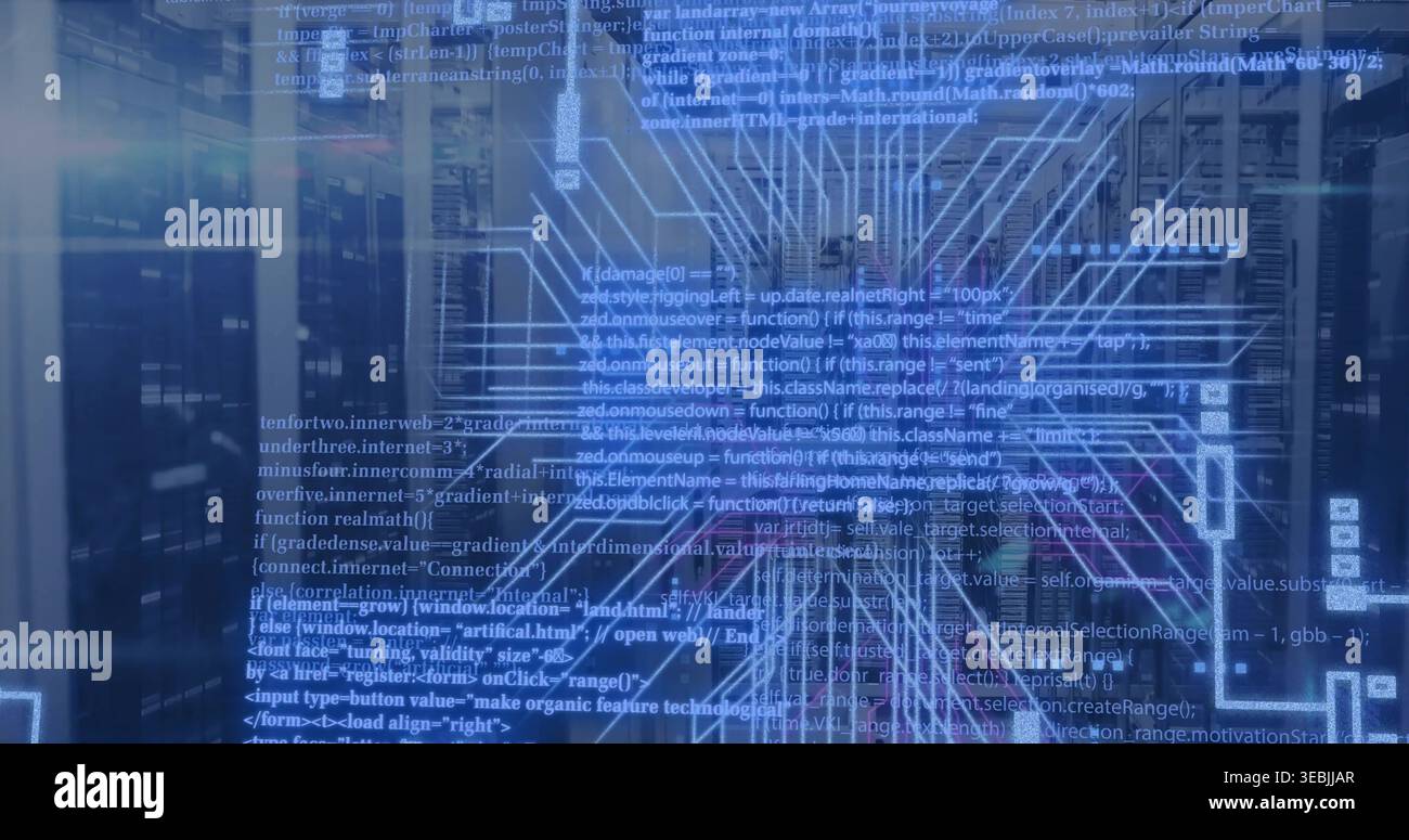 Displaying centered translucent network schematic over server racks, showing monospaced code traces Stock Photo