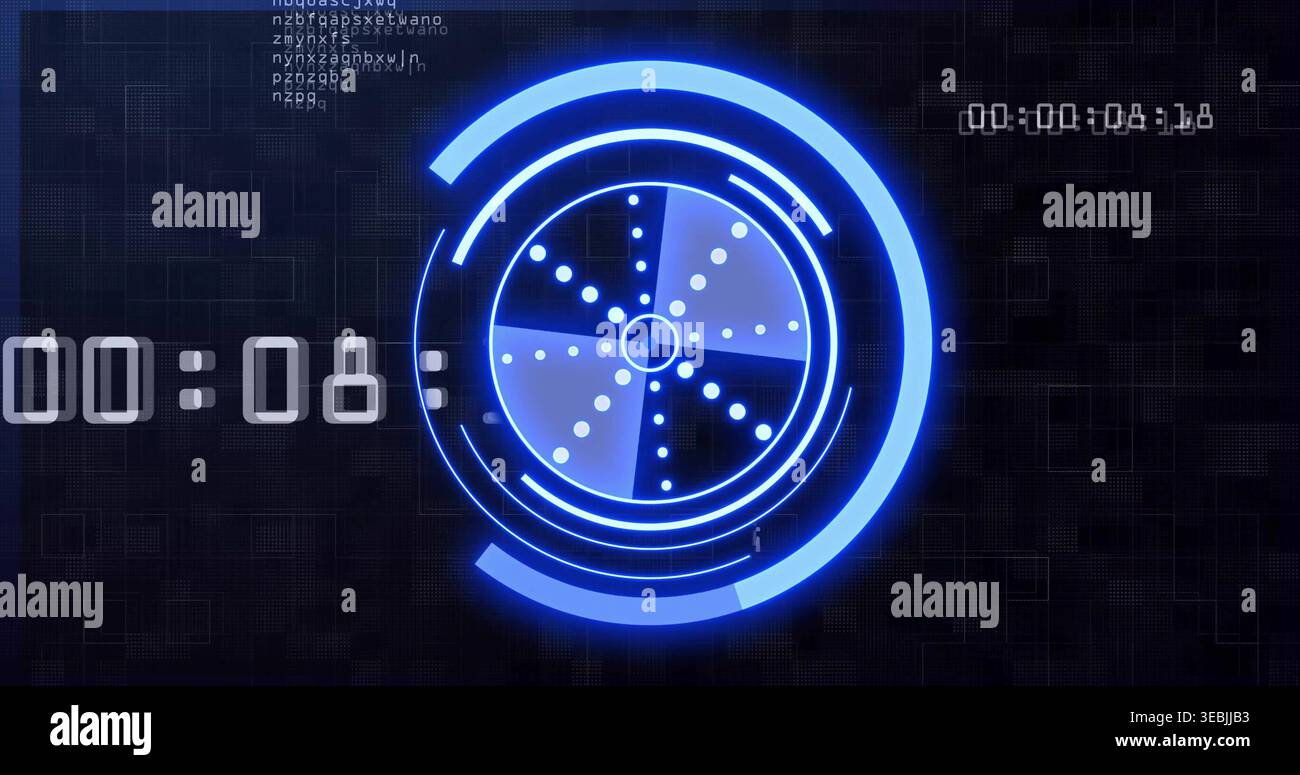 Displaying glowing concentric circular interface rotating on virtual HUD, with countdown numerals Stock Photo