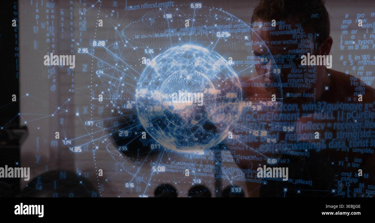 Viewing developer wearing dark crew-neck shirt examining 3D globe at tech lab, with code overlays Stock Photo
