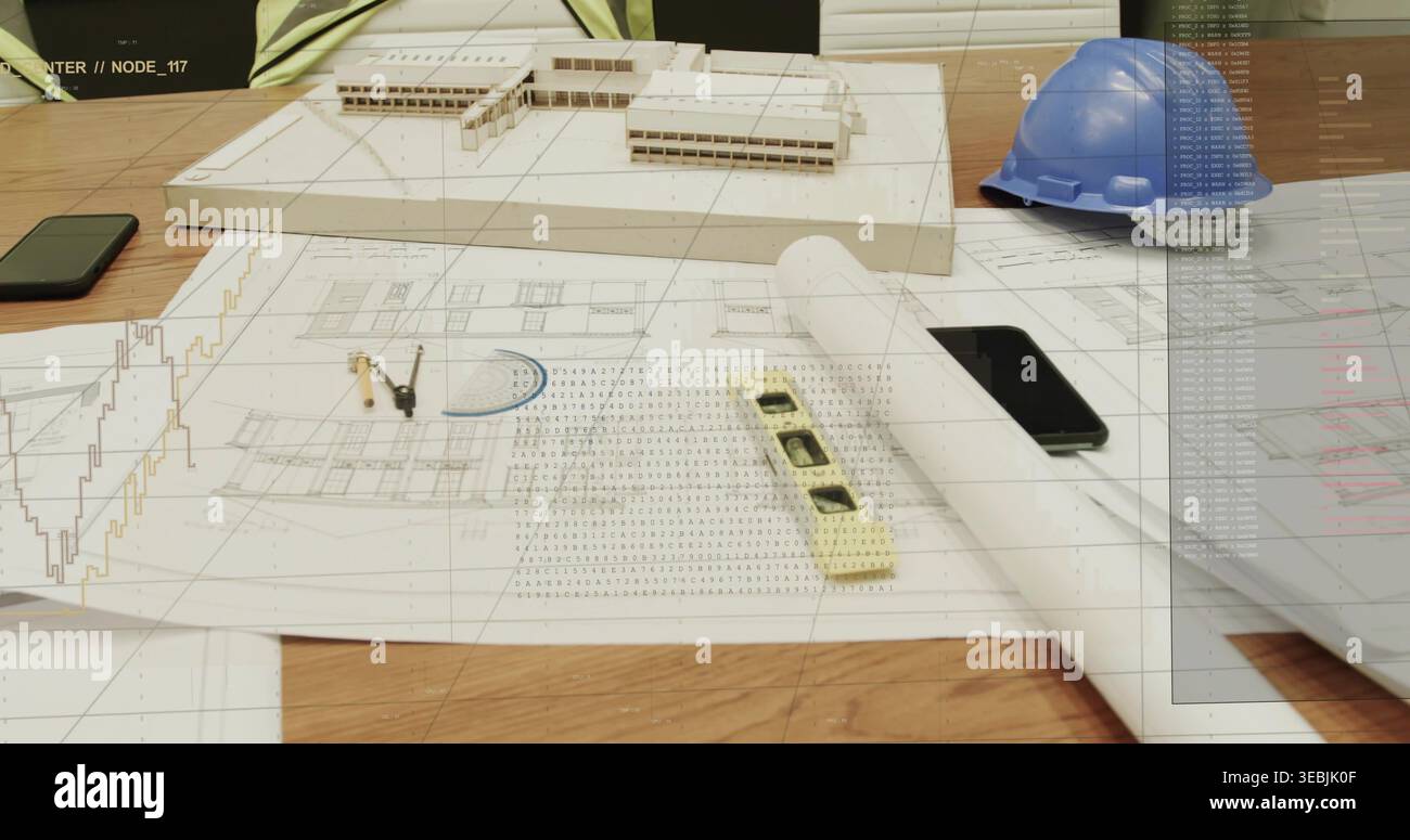 Displaying architectural work area covering design office table, with scale model, blueprints level Stock Photo
