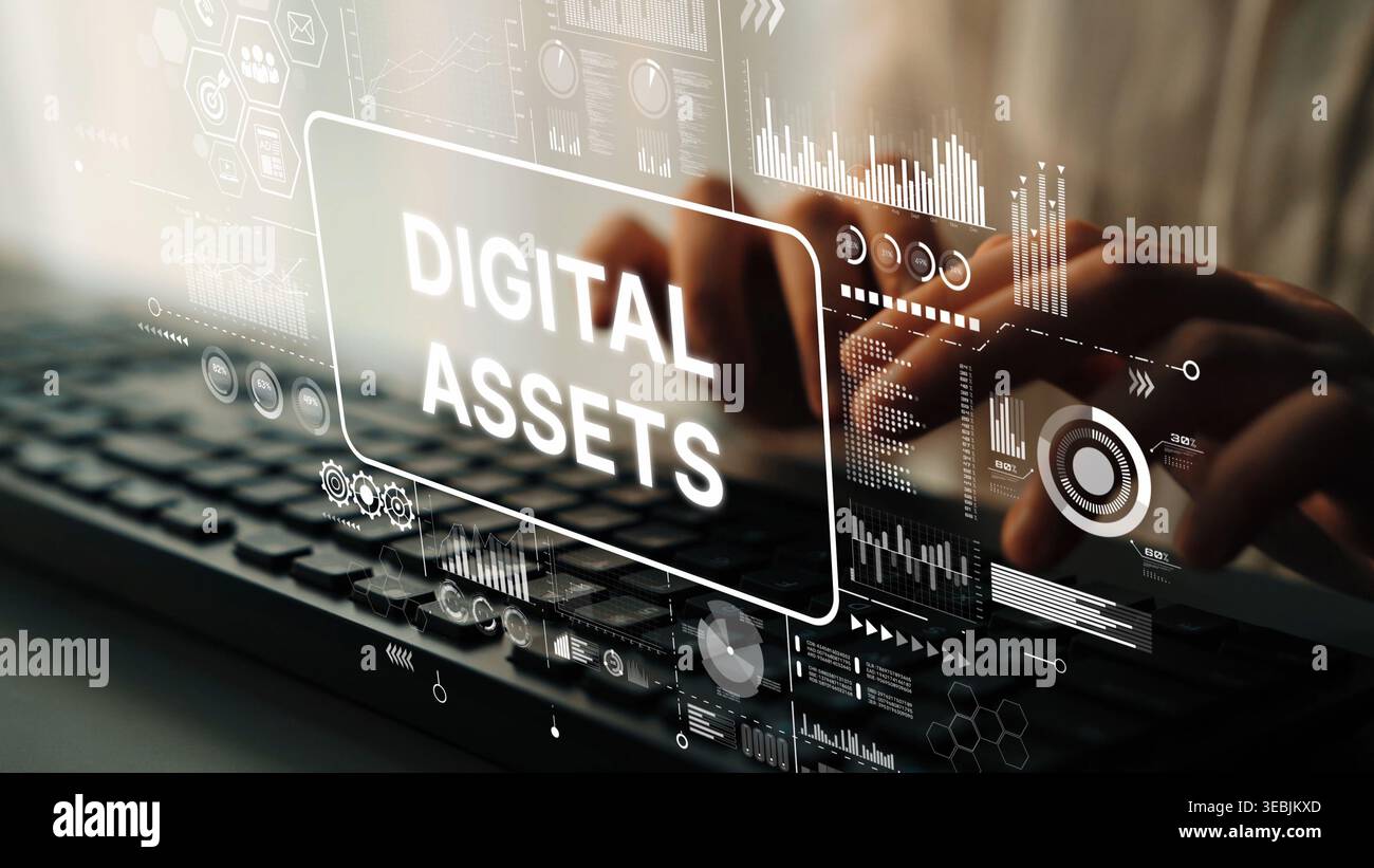 Business Concept Digital Assets and Technology Integration with Keyboard and Data Visualization Background. Asymptotic smart data analytic. Stock Photo