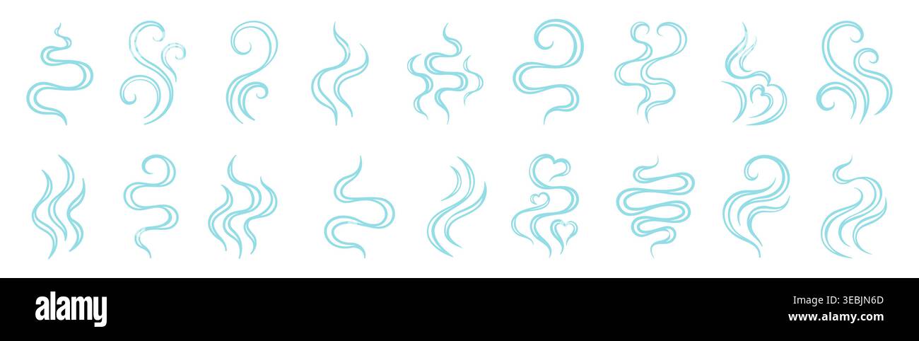 Steam and swirl smoke icon set hand drawn doodle comic set. Flowing swirls curved lines representing aroma waves comic scent. Minimal linear symbols soft abstract vapor shapes and dynamic air fluid Stock Vector