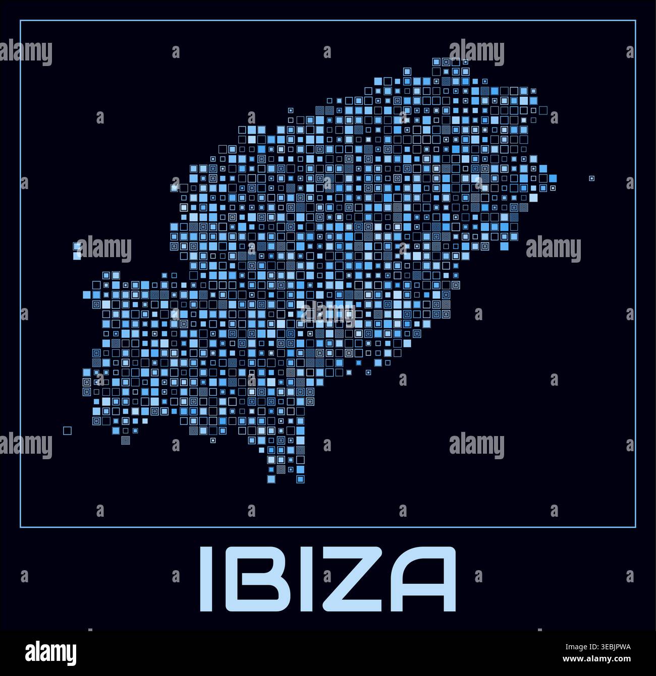 Ibiza digital style map. Small square dots on dark background. Dotted shape of the island. Ibiza map and title. Classy vector illustration. Stock Vector