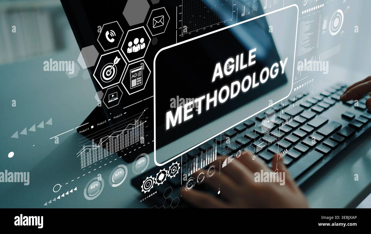 Agile Methodology Concept with Digital Interface and Hands on Keyboard in Modern Office Setting. Asymptotic smart data analytic. Stock Photo