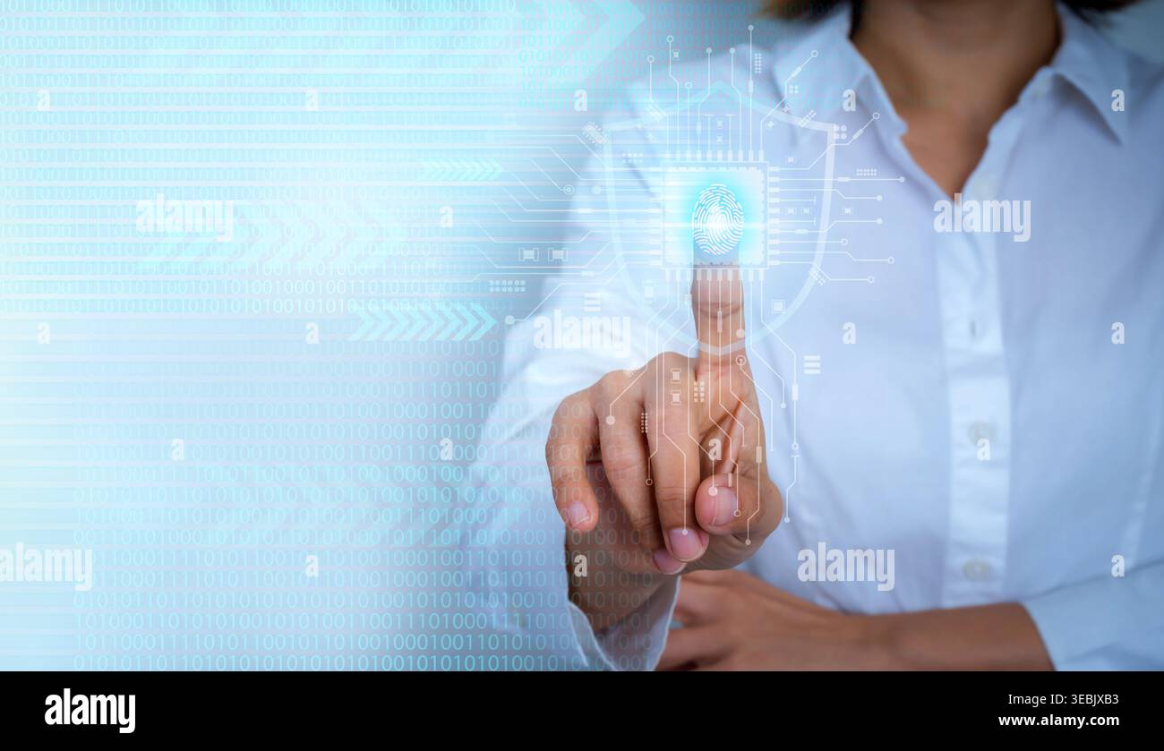 User verifying identity with fingerprint biometric on digital interface. Secure authentication, real time data flow, system processing, cybersecurity, Stock Photo