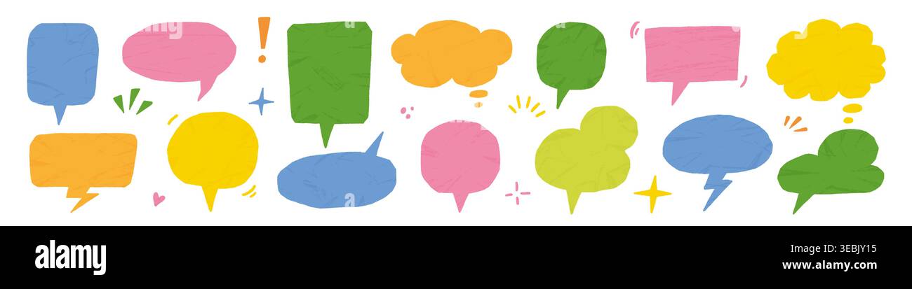 Paper speech bubble collage set. Hand drawn paper speech bubble frame with texture text balloon sticker. Cute comic chat scrapbook memo torn crumpled school background. Vector illustration Stock Vector