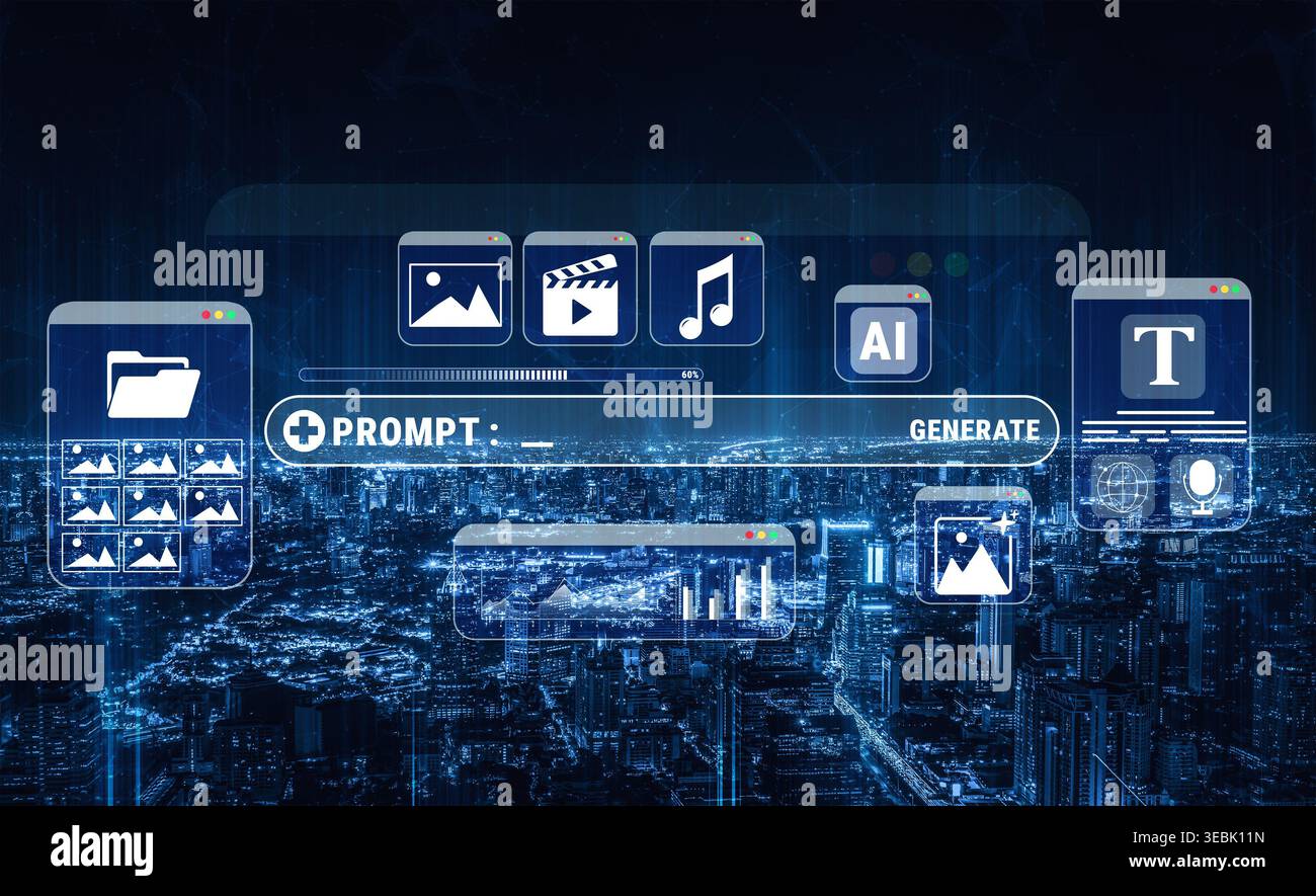 Digital Interface with Creative Icons and Visual Elements Representing Art, Music, AI, and Media Generation Over Futuristic City Landscape Quark. Stock Photo