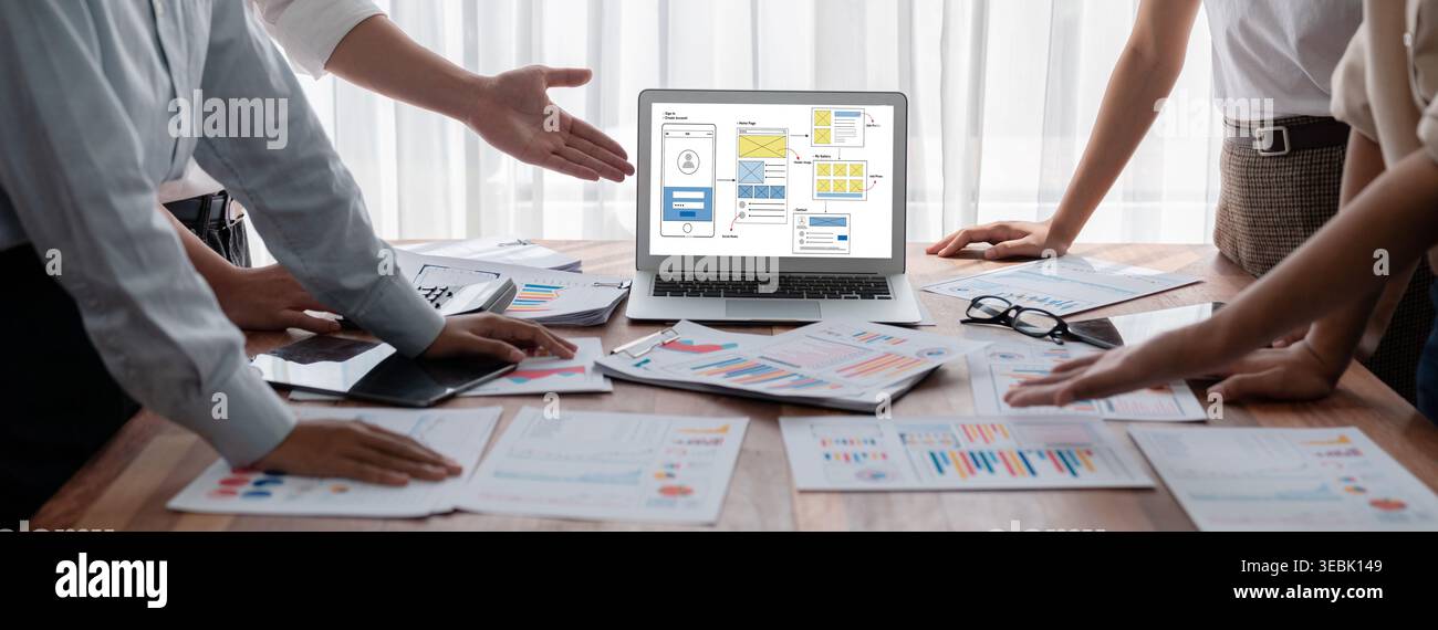 UX UI design process for brisk mobile application and website . Creative prototype of wireframe for professional app developer . Stock Photo