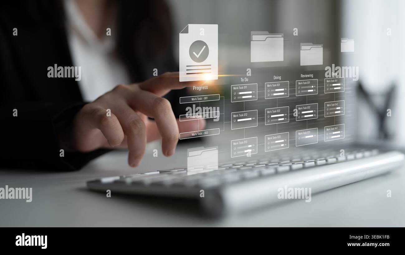 Task management workflow dashboard visualizing to-do lists, ongoing tasks, review status, and completed items to support productivity and project Stock Photo