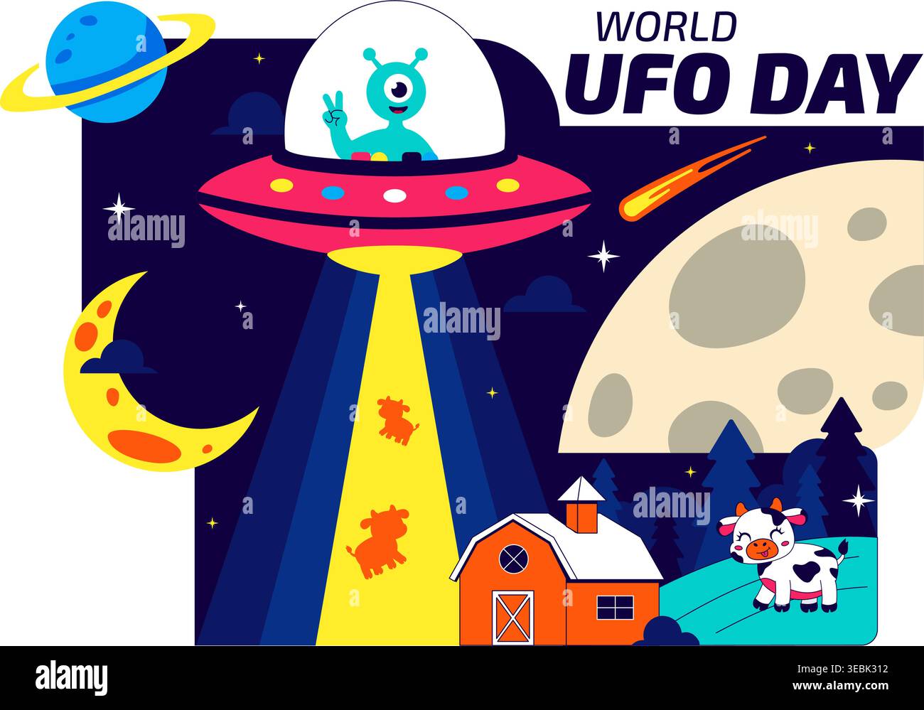 World UFO Day Vector Illustration Alien Spaceship Abduction Scene In ...