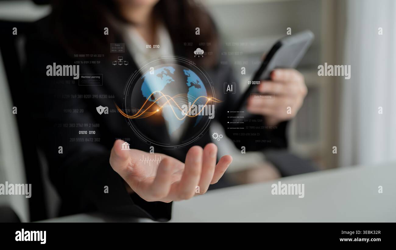 Global AI and data processing system enhances data, AI, and processing efficiency through digital network and global integration of intelligent Stock Photo