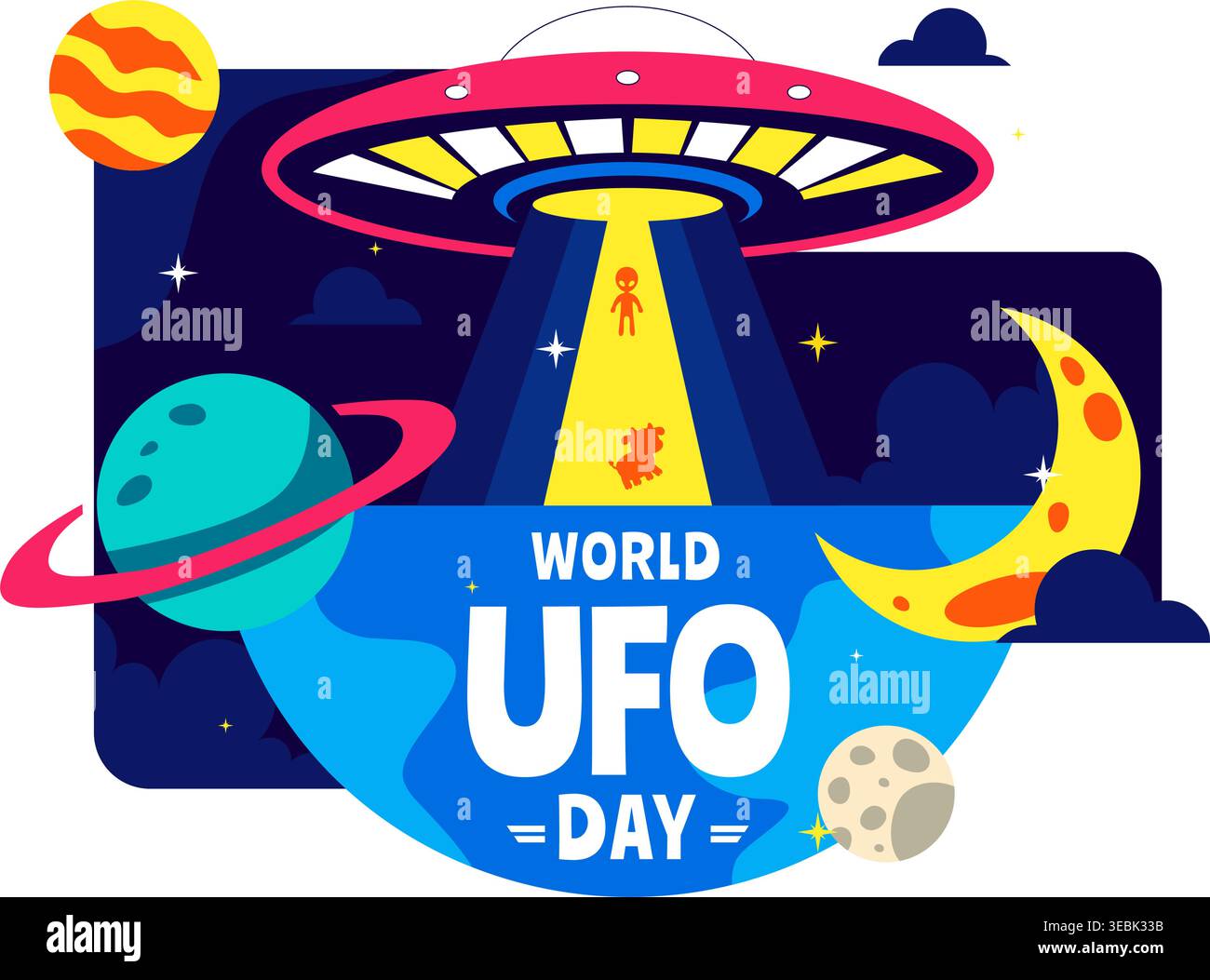 World UFO Day Vector Illustration Alien Spaceship Abduction Scene In ...
