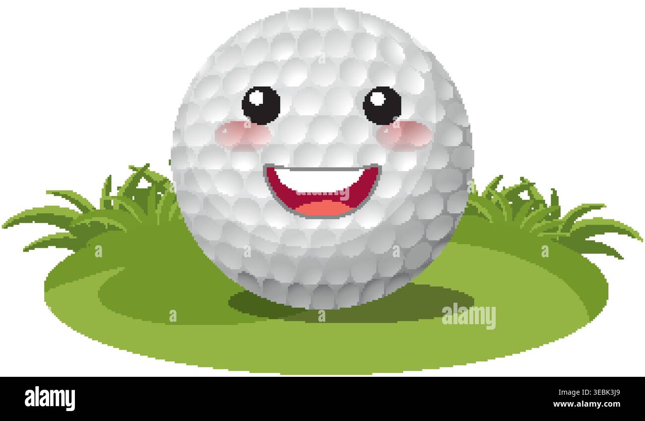 A happy golf ball character with a smiling face sits on green grass ...