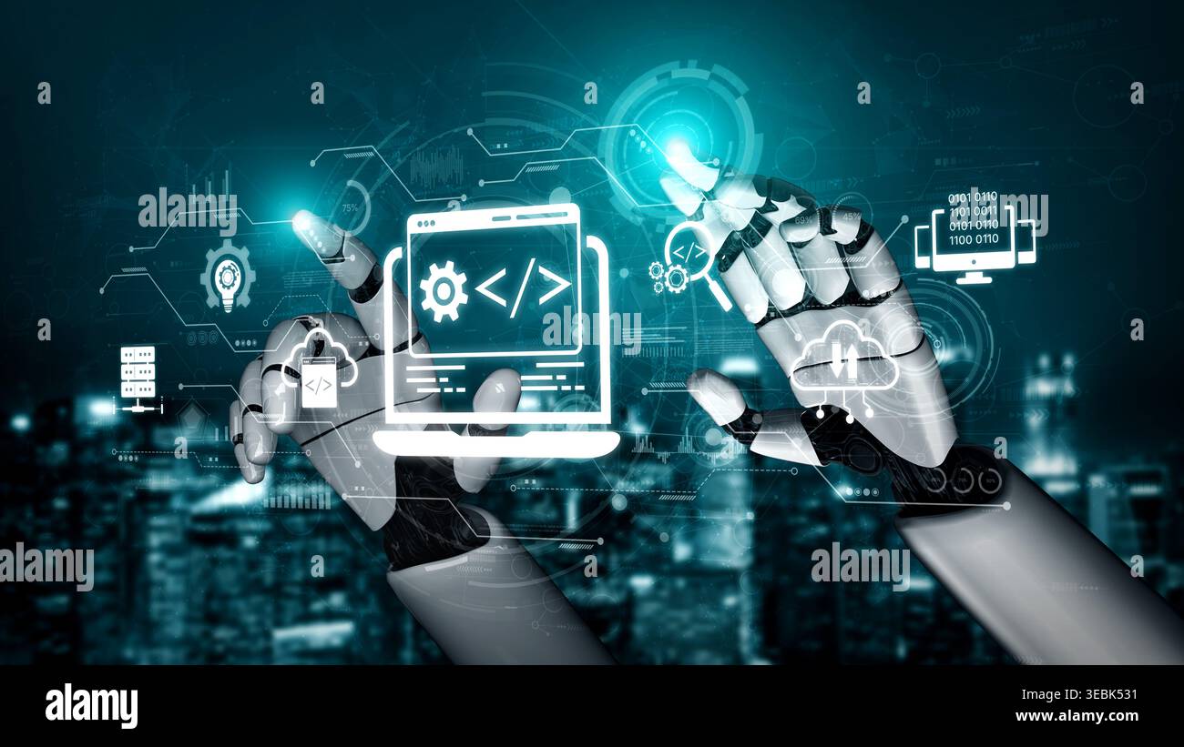 AI streamlines web development with smart coding tools, interface automation, and futuristic design systems for building efficient online platforms Stock Photo