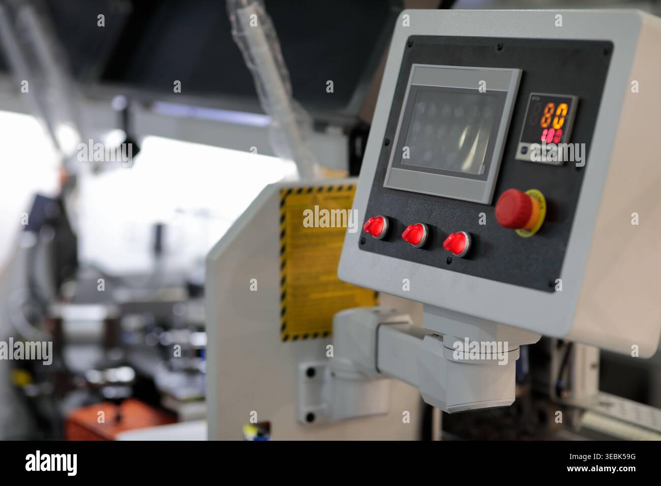Industrial equipment and remote control console with touch screen. Selective focus. Stock Photo
