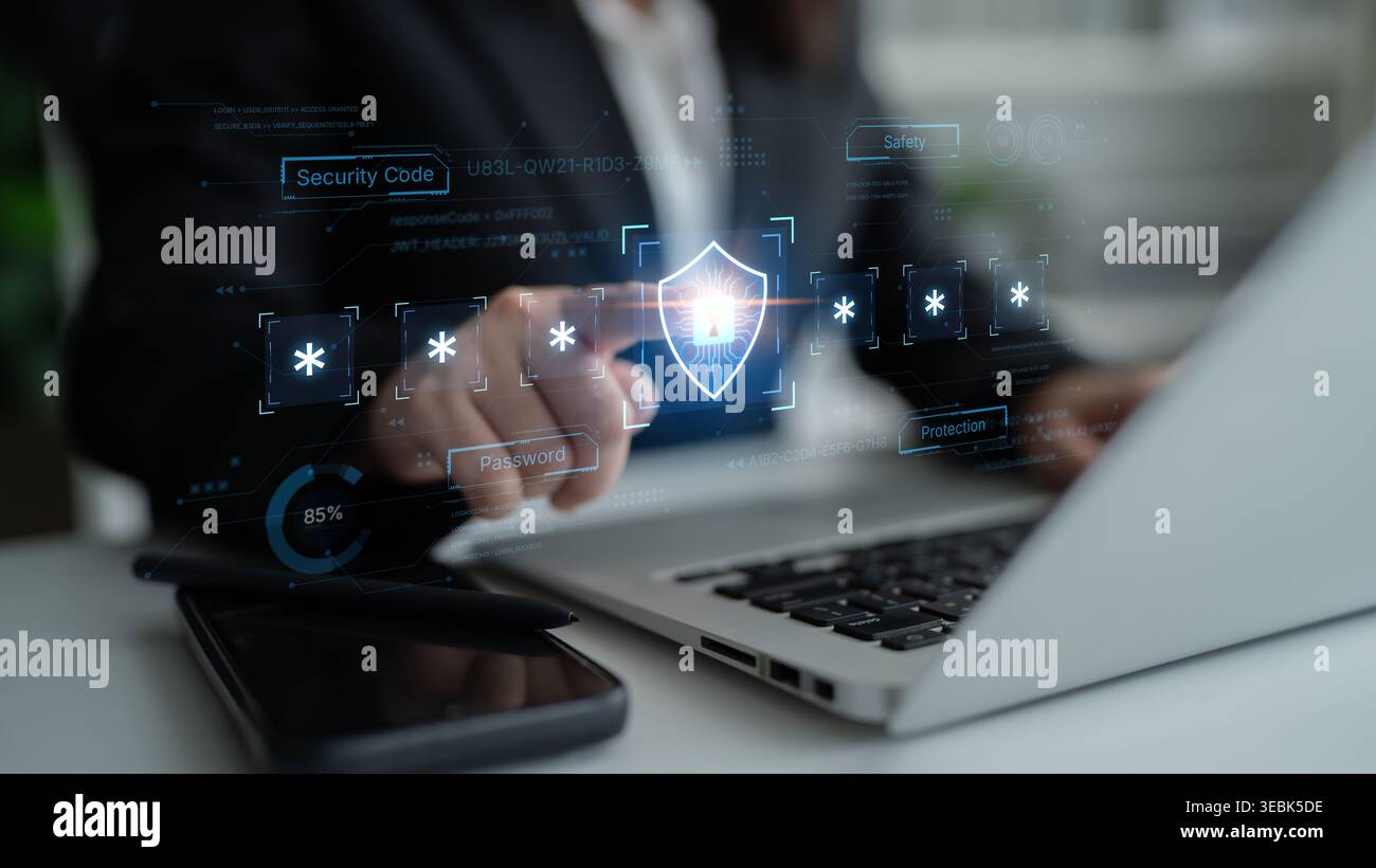 A concept of an advanced cybersecurity system. The futuristic interface shows a multi-factor authentication process using a secure password or PIN for Stock Photo