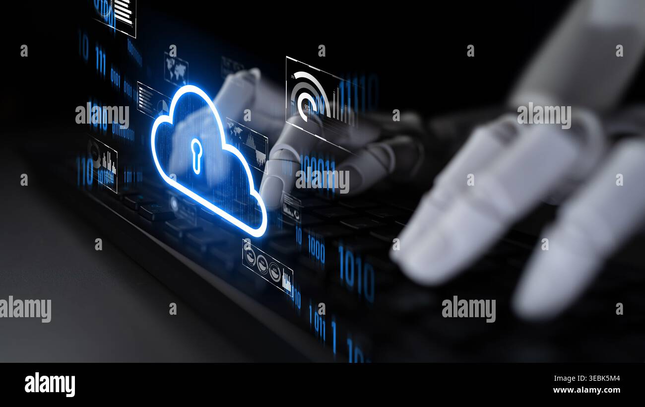 AI artificial intelligence optimizes cloud infrastructure with virtual assistants and intelligent automation, improving scalability, security, and Stock Photo