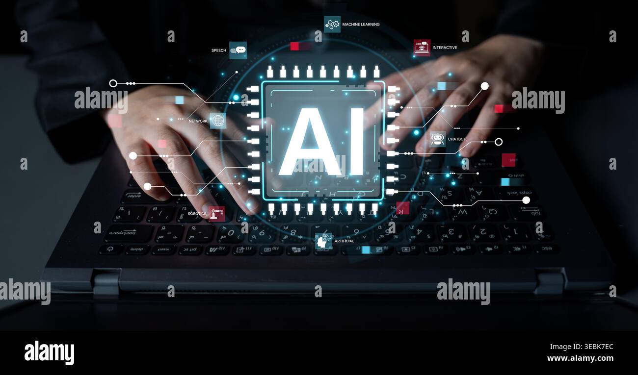A technical diagram illustrating the core capabilities of Artificial Intelligence. This includes machine learning, robotics, speech recognition, and Stock Photo