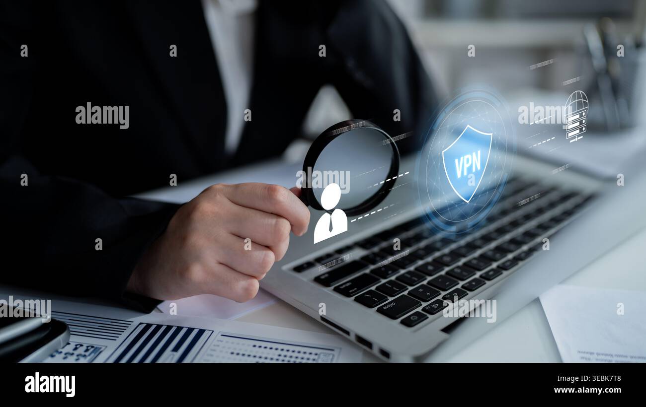 VPN security protects network access. VPN security encrypts data, hides identity, VPN security defends traffic, and VPN security secures connection Stock Photo