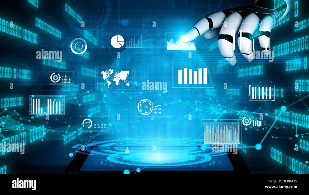 A robotic hand interacts with a digital interface showcasing various data analytics visualizations and futuristic elements, highlighting the role of Stock Photo
