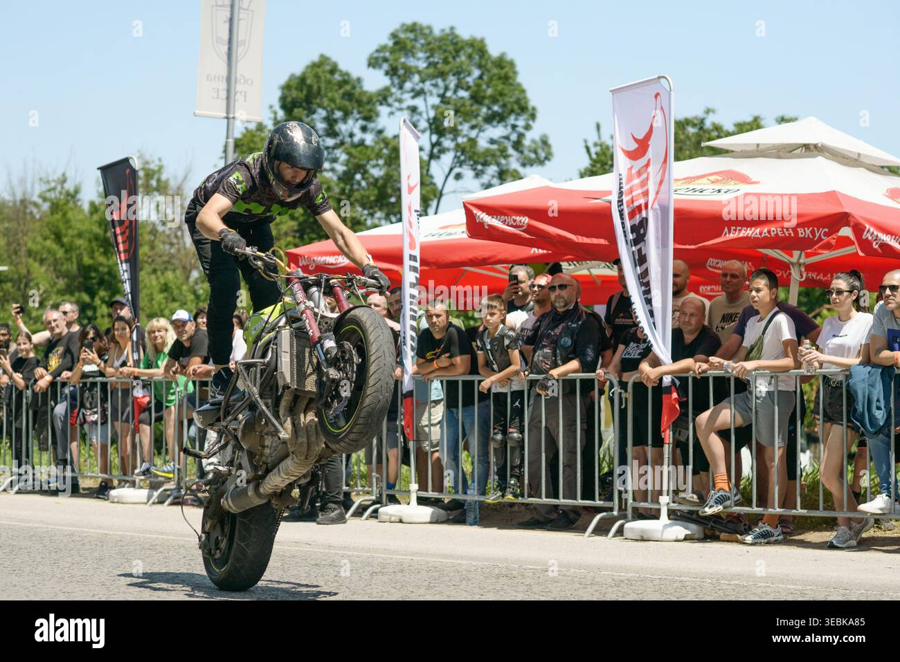 Varna Riders Ruse, Bulgaria – June 14, 2025: Motorcycle stunt rider performs a ...