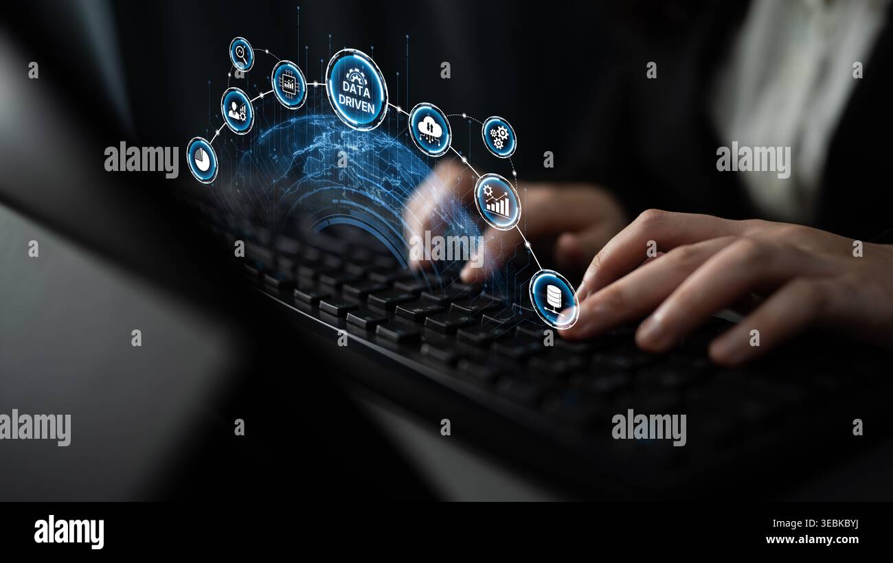 Data-driven decision-making empowers business through analytics, datum collection, and AI systems. Data driven tools support cloud data processing and Stock Photo