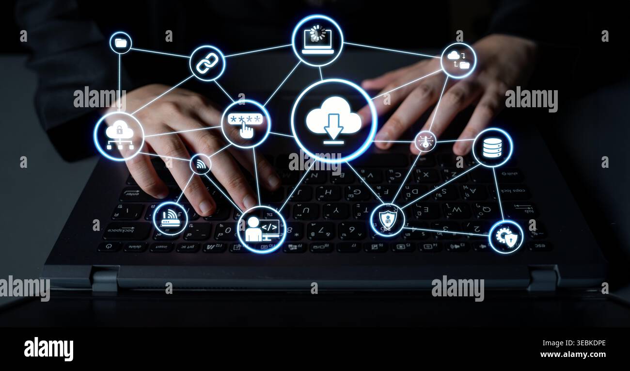 Cloud computing, cloud strategy, and cloud technology transforming digital infrastructure with scalable services, secure data storage, and cloud-based Stock Photo