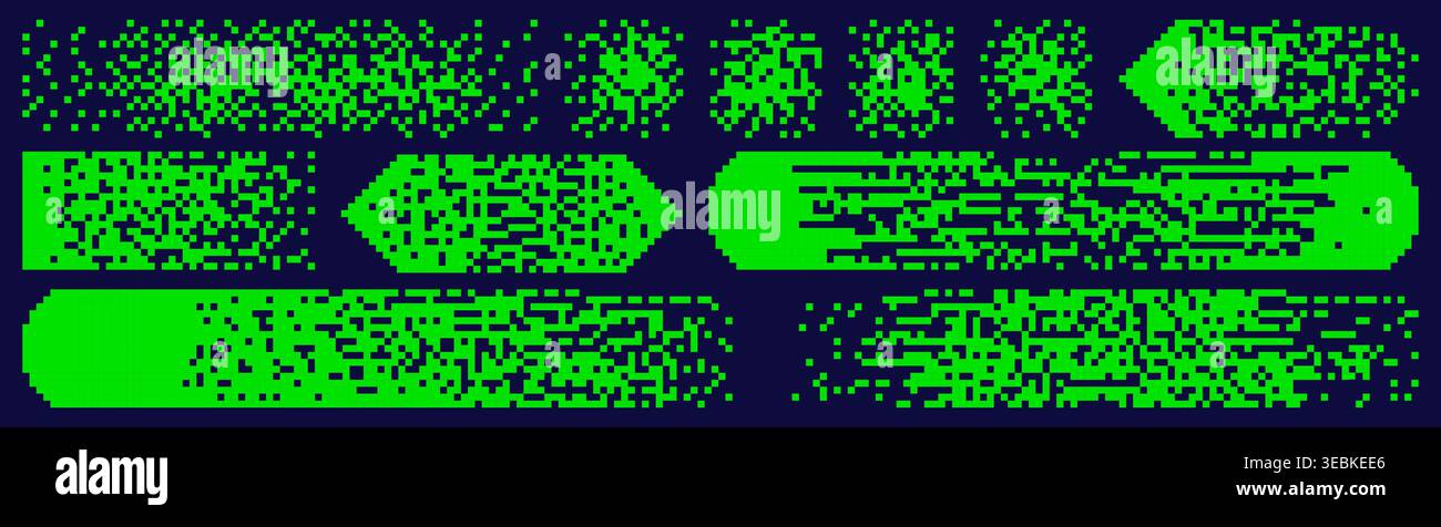 Pixel art green matrix patterns. Dissolve random scattered backgrounds. Stock Vector