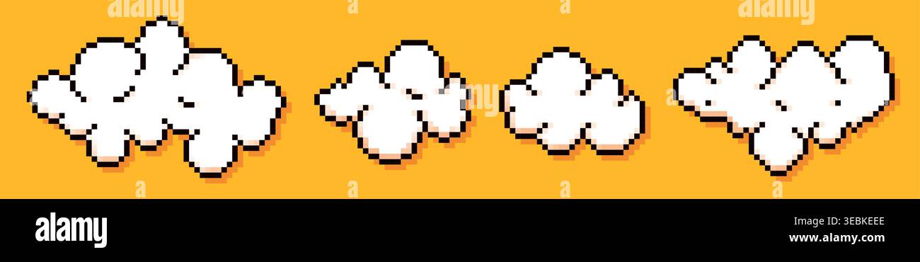 Four pixel game art clouds on yellow background. Stock Vector