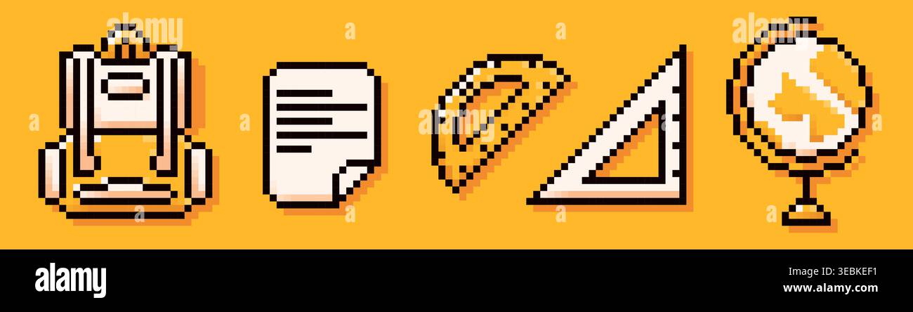 Back to School pixel art yellow elements. Backpack, globe, triangle ruler, protractor. Stock Vector