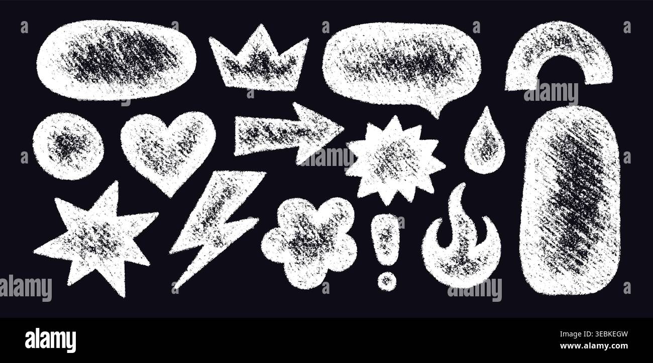 Crayon doodle sticker shape set. Hand drawn oval, heart, star icons. White chalk texture. Graphic element for fun collage. Kid sketch drawing. Vector Stock Vector