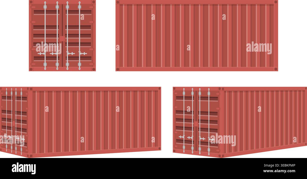 Red shipping container vector illustration set shown from multiple ...