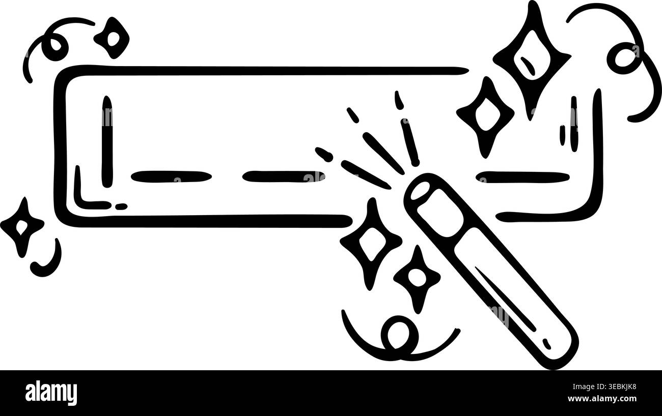 AI prompt engineering icon for smart command input and magic text-to-content generation. Hand drawn doodle illustration of prompt bar with wand. Stock Vector